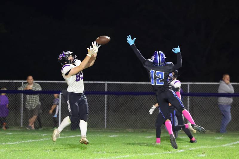 Manteno's Jake Stevens catches a pass ahead of scoring the go-ahead touchdown during the Panthers' 25-20 victory over Peotone on Friday, Oct. 17, 2025, in the annual Rumble on Route 50 rivalry game.