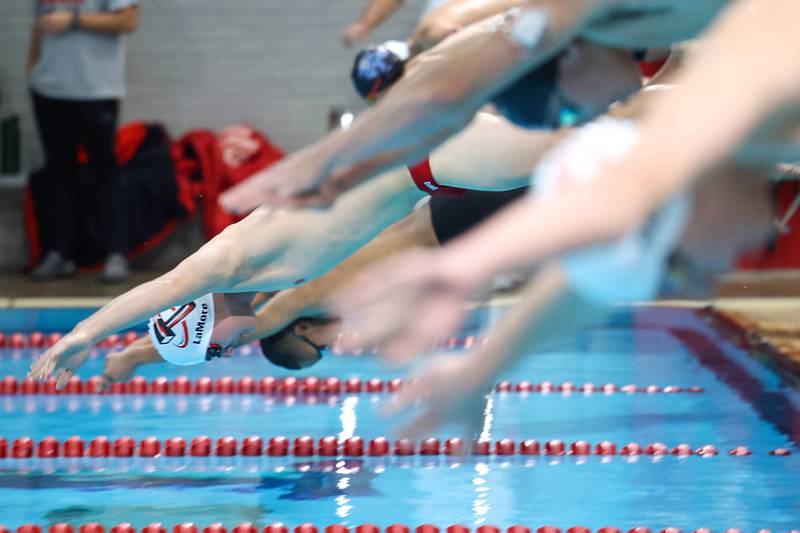 Bradley-Bourbonnais' Max LaMore leads the heat off the starting block in the 50-yard freestyle race during the All-City meet on Tuesday, Jan. 6, 2026.