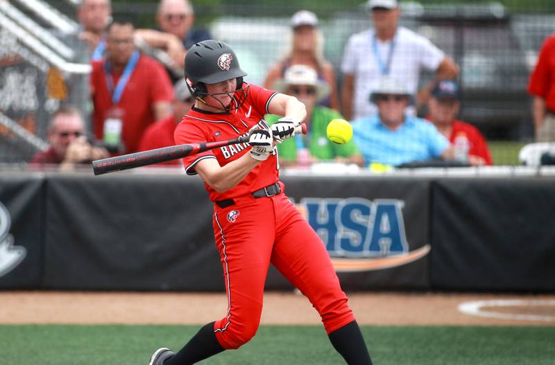 Barrington's Reese Cullen makes contact during a IHSA Class 4A state semifinal game against Lockport on Friday, June 13, 2025 at the Louisville Slugger Sports Complex in Peoria.