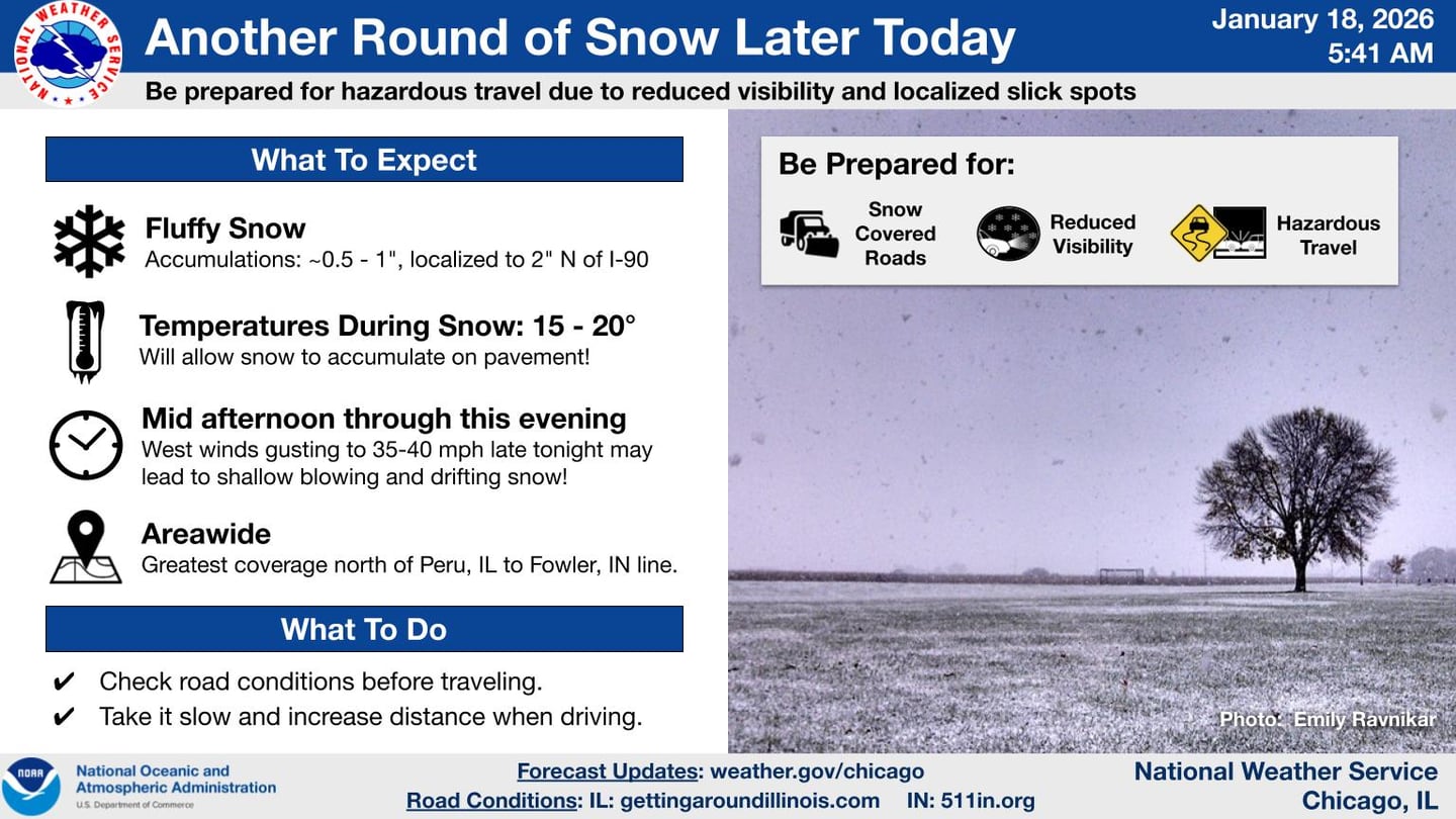 Northern Illinois will get another round of snow Jan. 18, 2026.