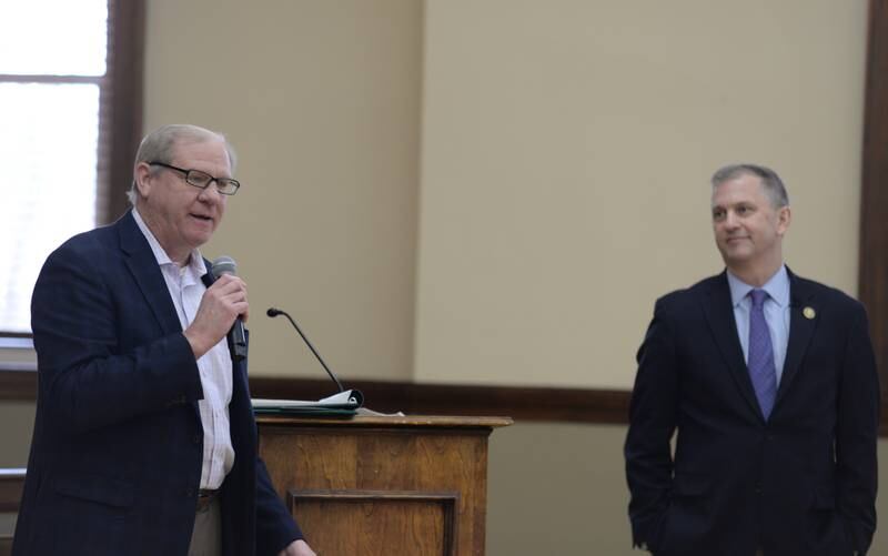 LaGrange Village President, Mark Kuchler introduces U.S. Rep. Sean Casten, D-Downers Grove, to a full room of attendees of the town hall held Saturday Jan 21, 2023.
