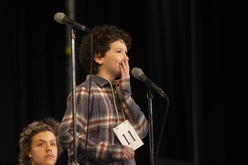 Amboy Jr. High sixth grader Parker Zimmerly reacts to his next word Ukrainian Thursday, March 9, 2023 during the Lee-Ogle-Whiteside Regional Spelling Bee.