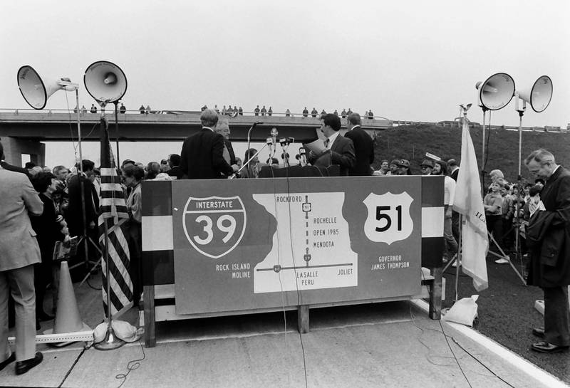 A view of the overpass and stage where Former Illinois Gov. Jim Thompson spoke during a ceremony of the opening of Interstate 39 on Friday, Oct. 18, 1985. in Mendota.