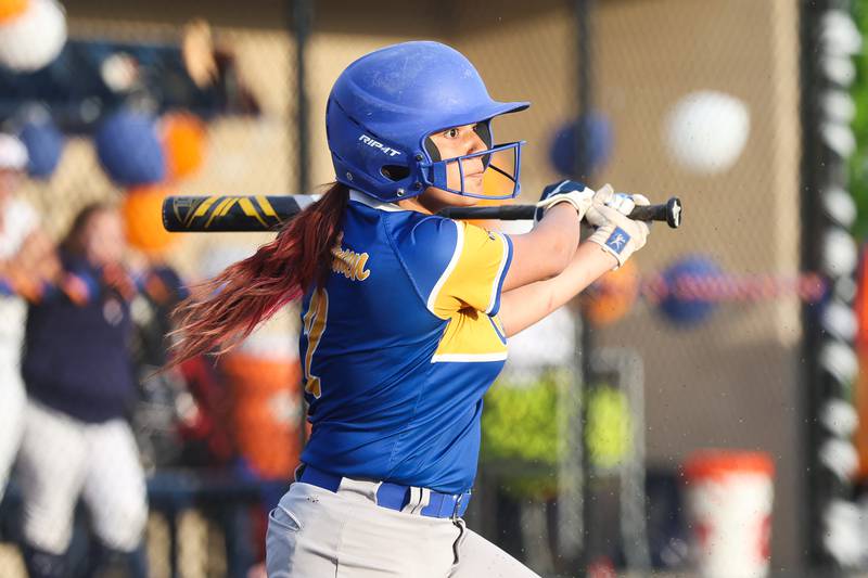 Joliet Central’s Neveya Ibarra connects against Romeoville on Tuesday, April 28, 2026 in Romeoville.