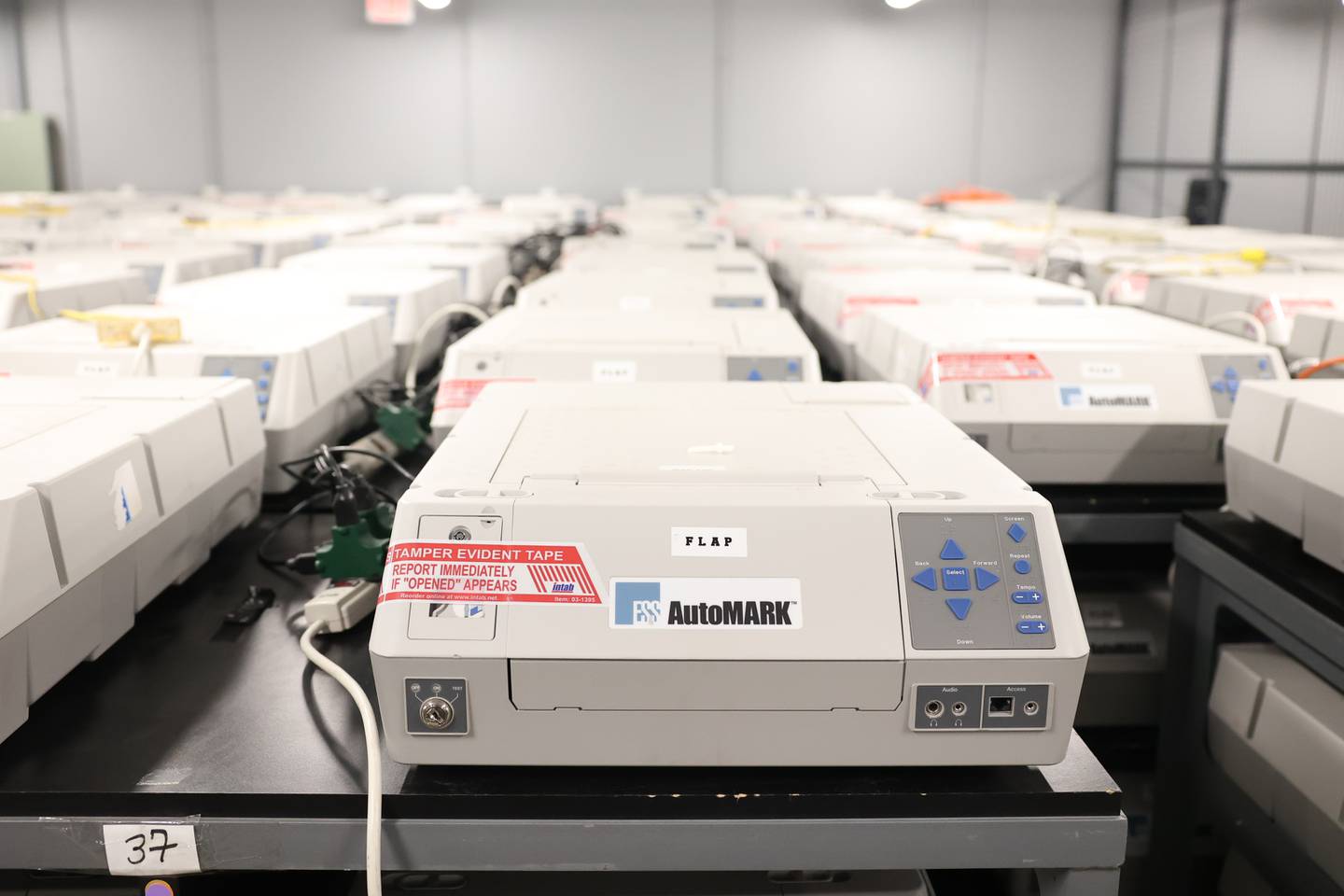 Balloting equipment sits in the basemen of the Will County Office Building. Monday, Mar. 7, 2022, in Joliet.