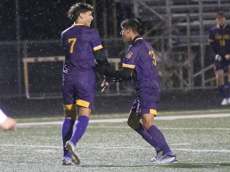 Mendota's Isaac Diaz celebrates with teammate Sebastian Carlos after scoring the first goal against Kewanee during the Class 1A Regional game on Wednesday Oct. 18, 2023 at Mendota High School.