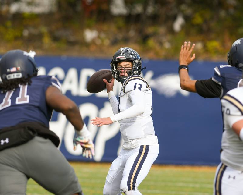 IC Catholic Prep's Nate Lang (13) passes the ball during the 3A Playoff game against Chicago Hope Academy on Saturday Nov. 1, 2025, held at Altgeld Park in Chicago.