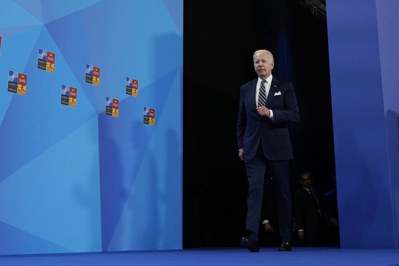 President Joe Biden walks out to hold a news conference on the final day of the NATO summit in Madrid, Thursday, June 30, 2022. (AP Photo/Susan Walsh)