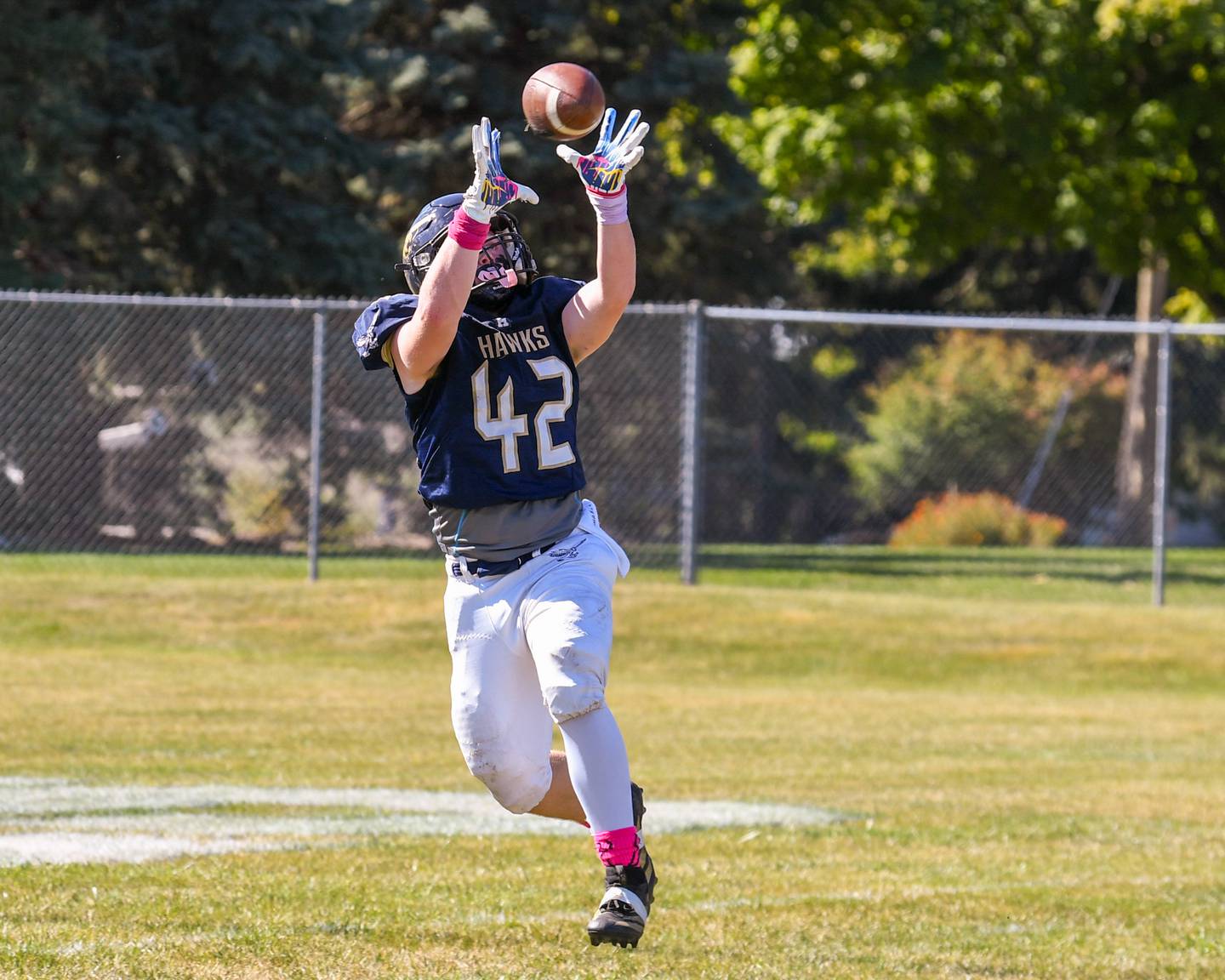 Hiawatha's Kamden Rasmus (42) catches the ball and runs in for a touchdown during the game on Saturday Oct. 11, 2025, while taking on Rockford Christian Life held at Hiawatha High School.