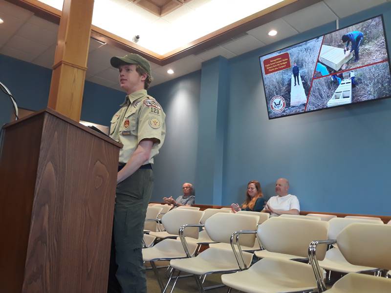 Cooper Vaske, 18, of Peru, addresses the La Salle City Council on Monday, May 16, 2022, about his Eagle Scout project, which involved building bridges over the creek for the Rotary Park disc golf course.