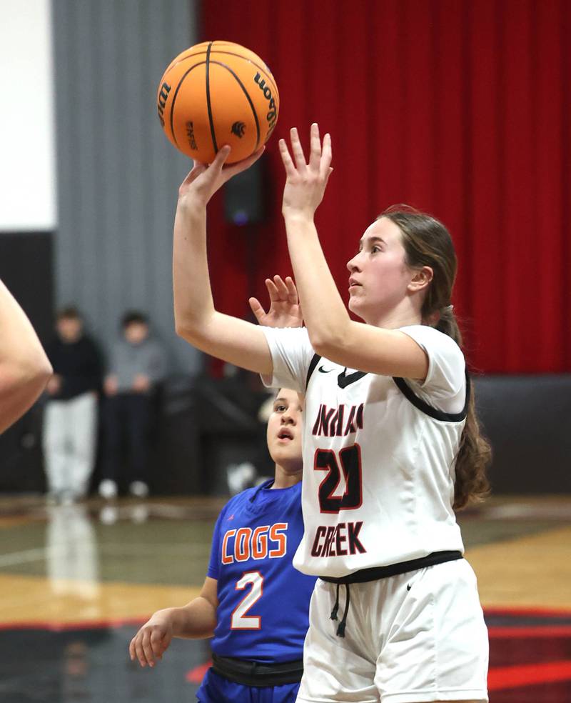 Indian Creek's Elsie Betz shoots in front of Genoa-Kingston's Ayva Hernandez Monday, Dec. 8, 2025, during their game at Indian Creek High School in Shabbona.
