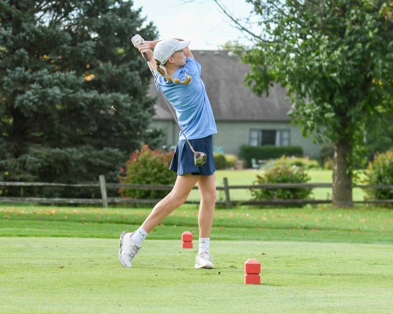 Grace Brown of Plainfield South watches her ball after teeing off during the Southwest Prairie conference meet on Wednesday Sept. 24, 2025, held at Blackberry Oaks Golf course in Bristal.