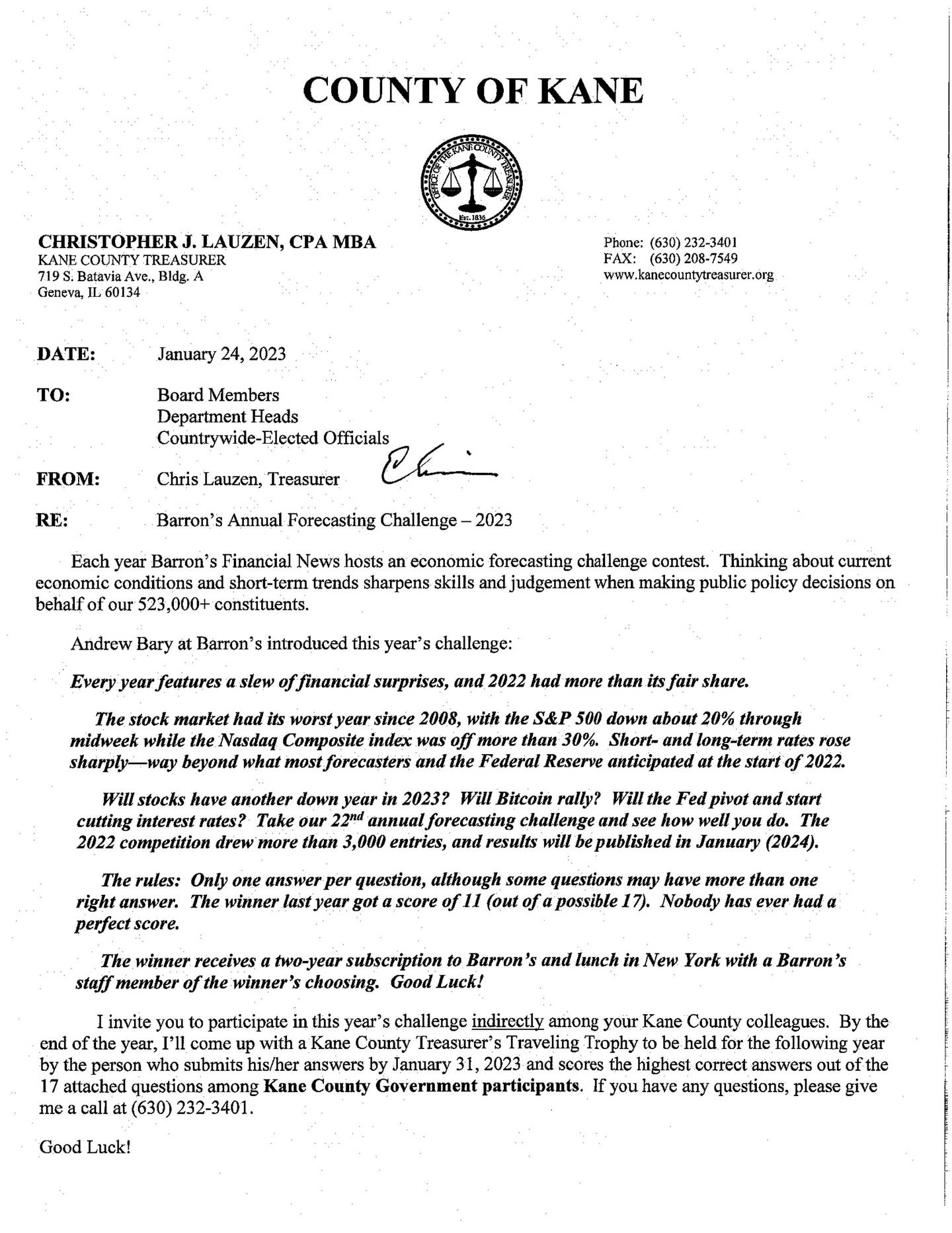 Kane Treasurer Lauzen’s financial forecasting quiz spurs little