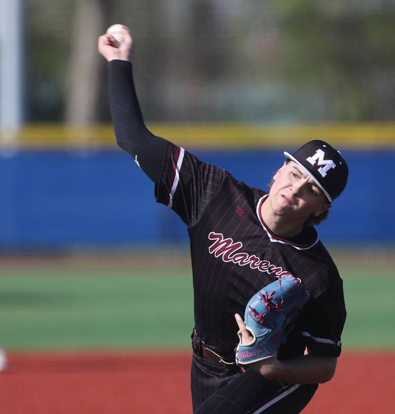 Marengo's Alex Johnson throws a pitch during a Kishwaukee River Conference baseball game against Johnsburg on Wednesday, April 22,2026, at Johnsburg High School.