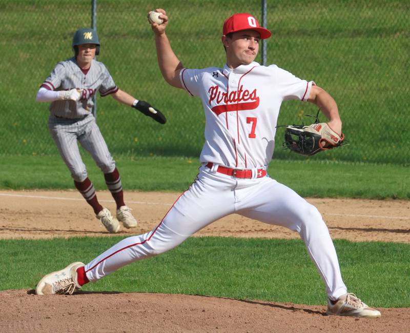 Ottawa pitcher Lucas Farabaugh, lets go of a throw as Morris's RJ Kennedy leads off of first base on Monday, April 20, 2026 at Ottawa High School.