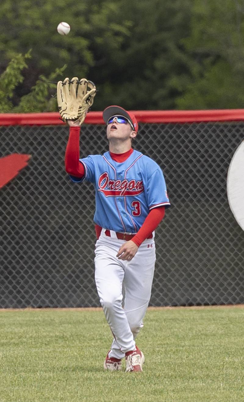 Oregon’s Landon Anderson camps under a fly ball against Byron Saturday, May 24, 2025, in the Stillman Valley Class 2A Regional final.