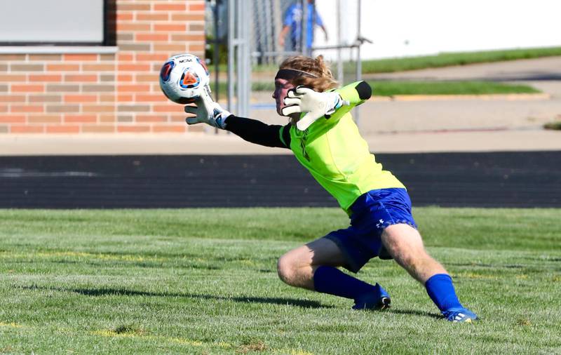 Princeton keeper Niklas Schneider makes a play at the net Monday against Streator.