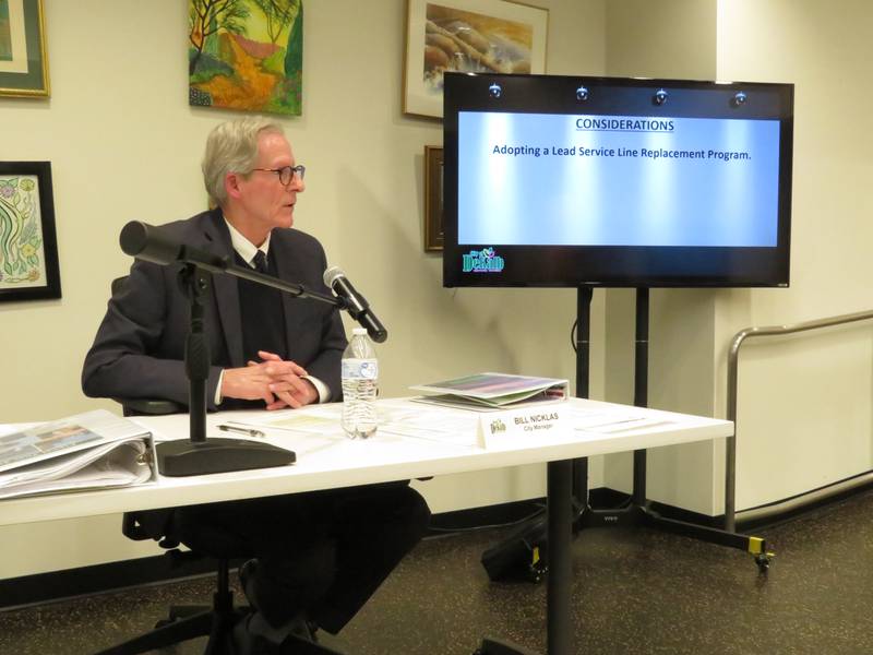 DeKalb City Manager Bill Nicklas talks during the Monday, March 14, 2022 City Council meeting at DeKalb Public Library.