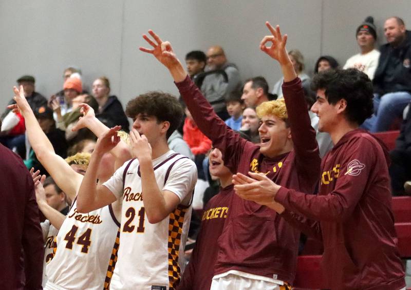 Richmond-Burton’s Rockets roar after a late three-point basket in a win over Crystal Lake Central in varsity boys basketball E.C. Nichols tournament championship game action on Saturday, Dec. 27, 2025, at Homer “Bill” Barry Gymnasium on the campus of Marengo High School in Marengo.
