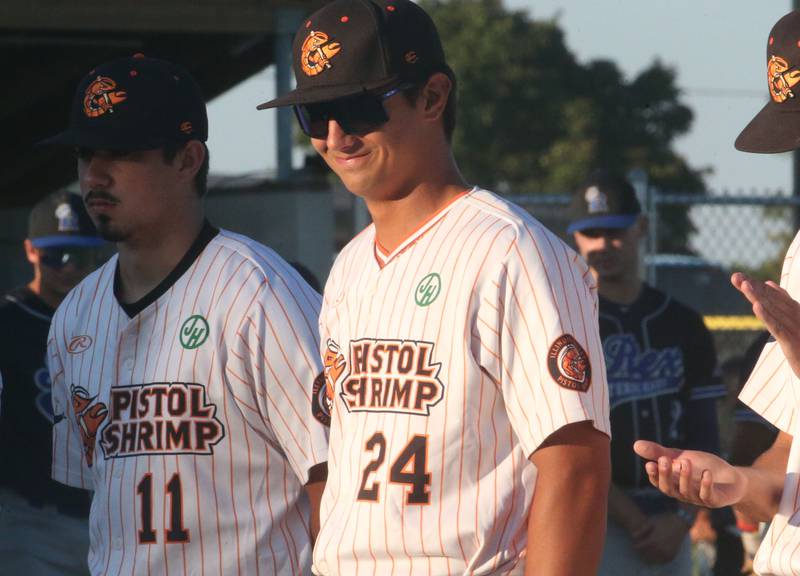 Pistol Shrimp's Payton Knoll of Ottawa, smiles while being introduced during the Prospect League Championship Series against Rex on Wednesday, Aug. 7, 2024 at Schweickert Stadium in Peru.