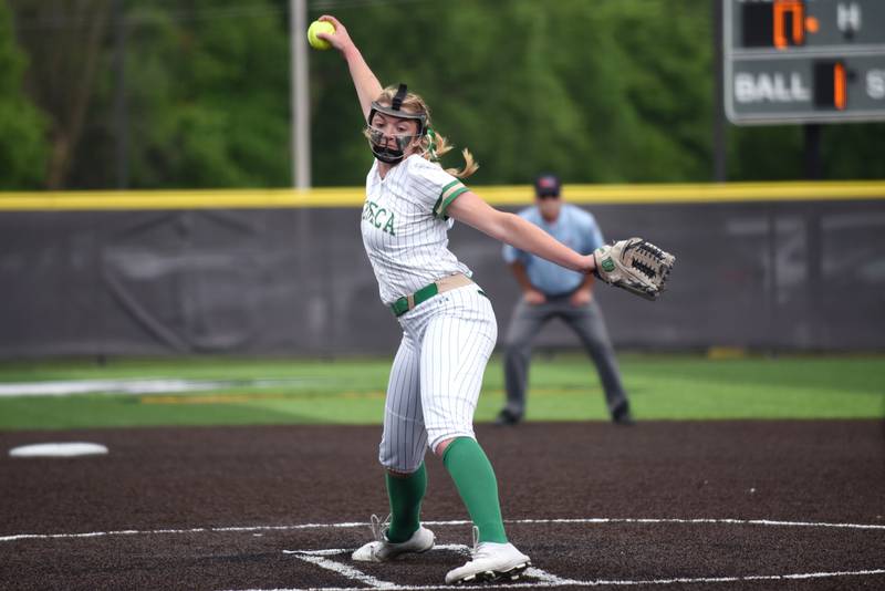 Seneca's Tessa Krull throws a pitch during the Class 2A Seneca Sectional semifinals against Beecher Friday, May 30, 2025.