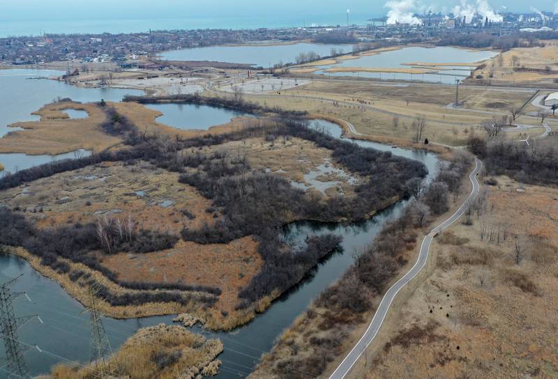 An aerial view of the Wolf Lake Memorial Park looking northeast along Calumet Avenue on Saturday, Feb. 21, 2026 in Hammond, Ind. The area is a potential site of the new Chicago Bears stadium