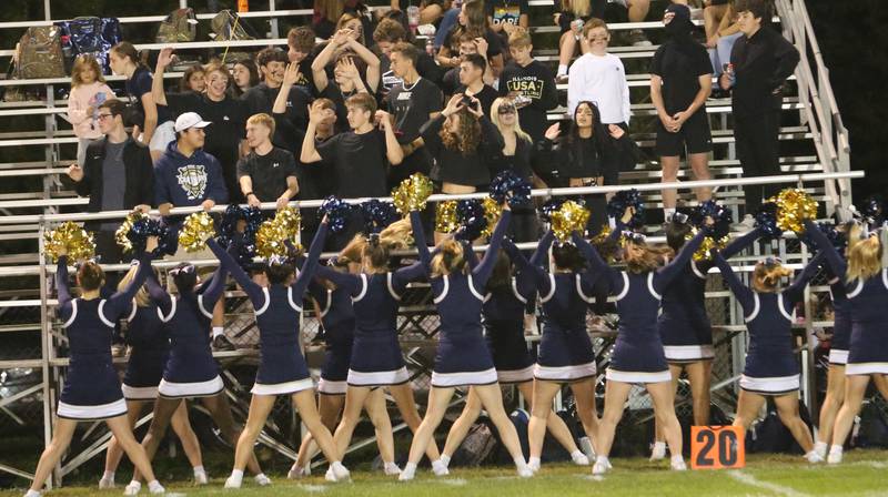 Marquette fans and cheerleaders root on the Crusaders as they play St. Bede on Friday, Sept. 26, 2025 at Gould Stadium in Ottawa.