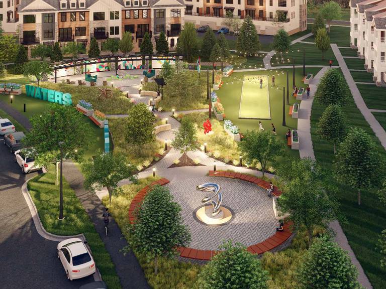 A colorful park would be part of the residential area at "Waterside", a mixed-use development project adjacent to the Three Oaks Recreation Area.  The development would replace the derelict Crystal Court shopping center off Route 14.