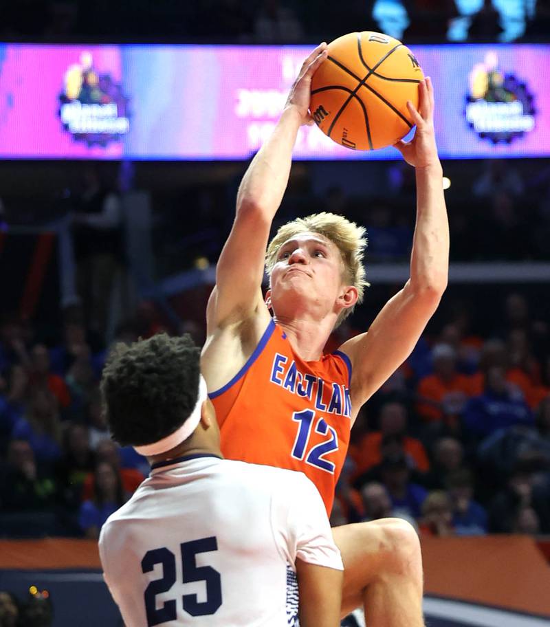 Eastland's Adam Awender shoots over Chicago Hope Academy's Malik Meridy during their IHSA Class 1A state championship game Saturday, March 15, 2025, in the State Farm Center at the University of Illinois in Champaign.