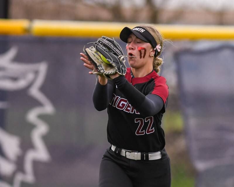 Plainfield North’s Kaleigh Milet (22) catches the ball during the game on Thursday April 17, 2025, while traveling to take on Oswego East.