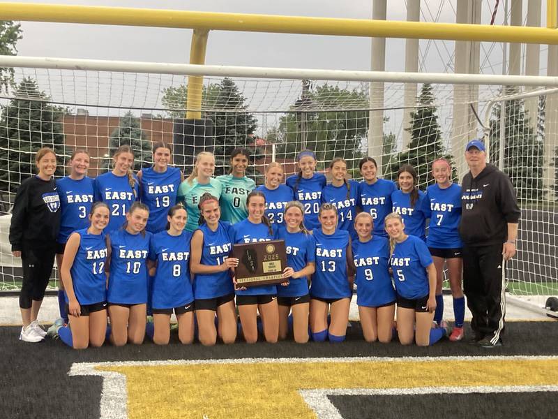 The Lincoln-Way East girls soccer team after winning the Joliet West Sectional championship game.