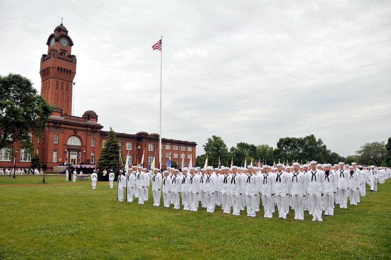 Recruits stand at attention during the Centennial celebration at Naval Station Great Lakes in 2011.
