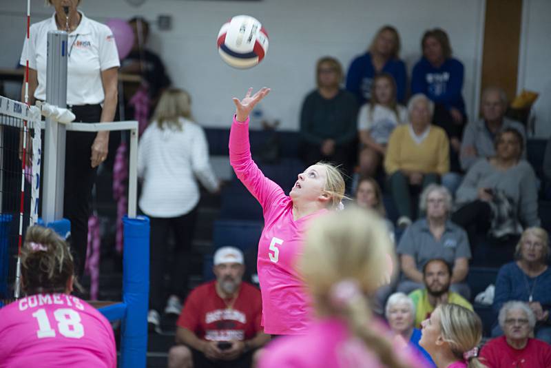 Newman’s Molly Olson plays the ball over the net against Mendota, Tuesday, Oct. 4, 2022.