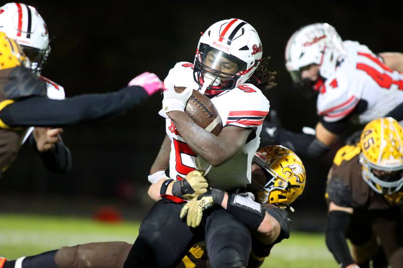 Bradley-Bourbonnais’ Kenvonte Sutton runs the ball in first-round IHSA football playoff action on Friday, Nov. 1, 2024, at  Jacobs High School  in Algonquin.