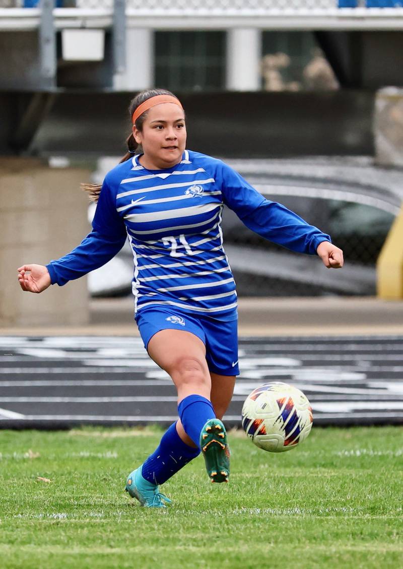 Princeton's Yocelyn Robledo takes a shot during Tuesday's soccer match at Bryant Field against IVC. The Tigresses won 9-0.