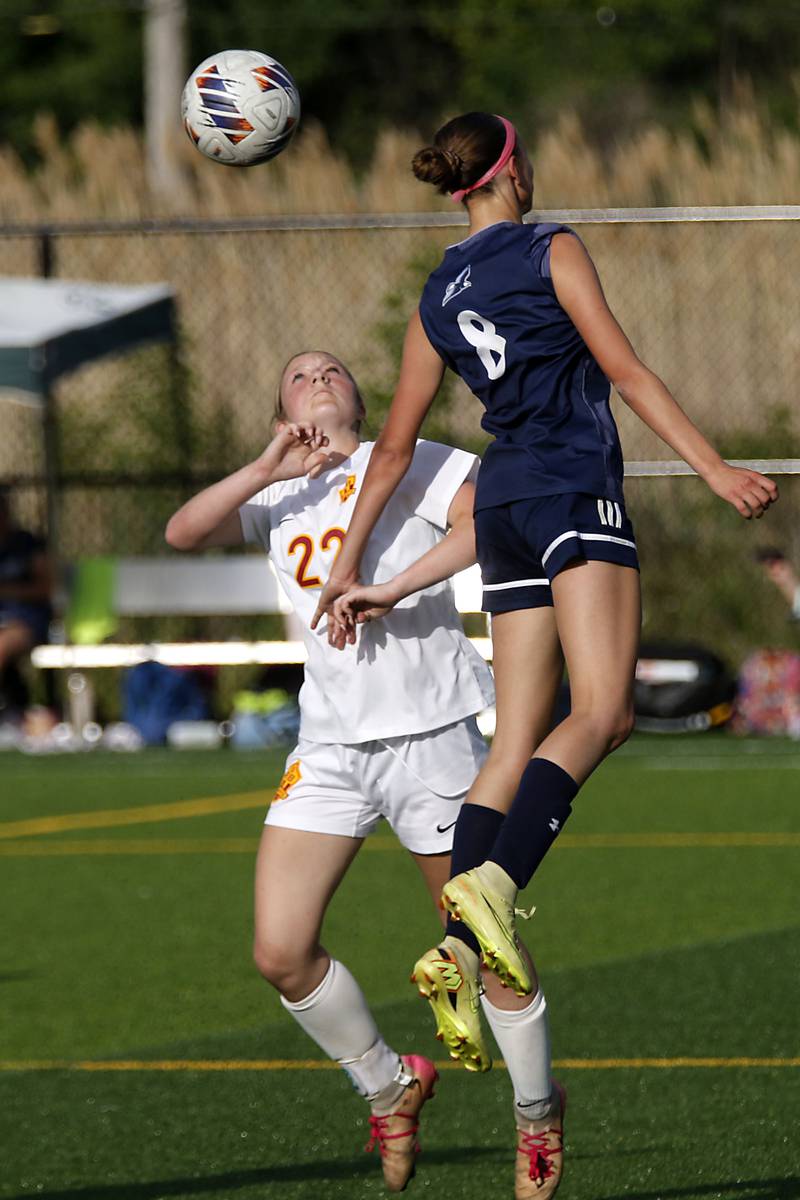 Willows Academy's Kamila Mikula heads the ball away from Richmond-Burton's Abigail Leslie during an IHSA Class 1A Cristo Rey St. Martin Sectional semifinal girls soccer match on Tuesday, May 26, 2026 at Cristo Rey St. Martin College Prep, in Waukegan.