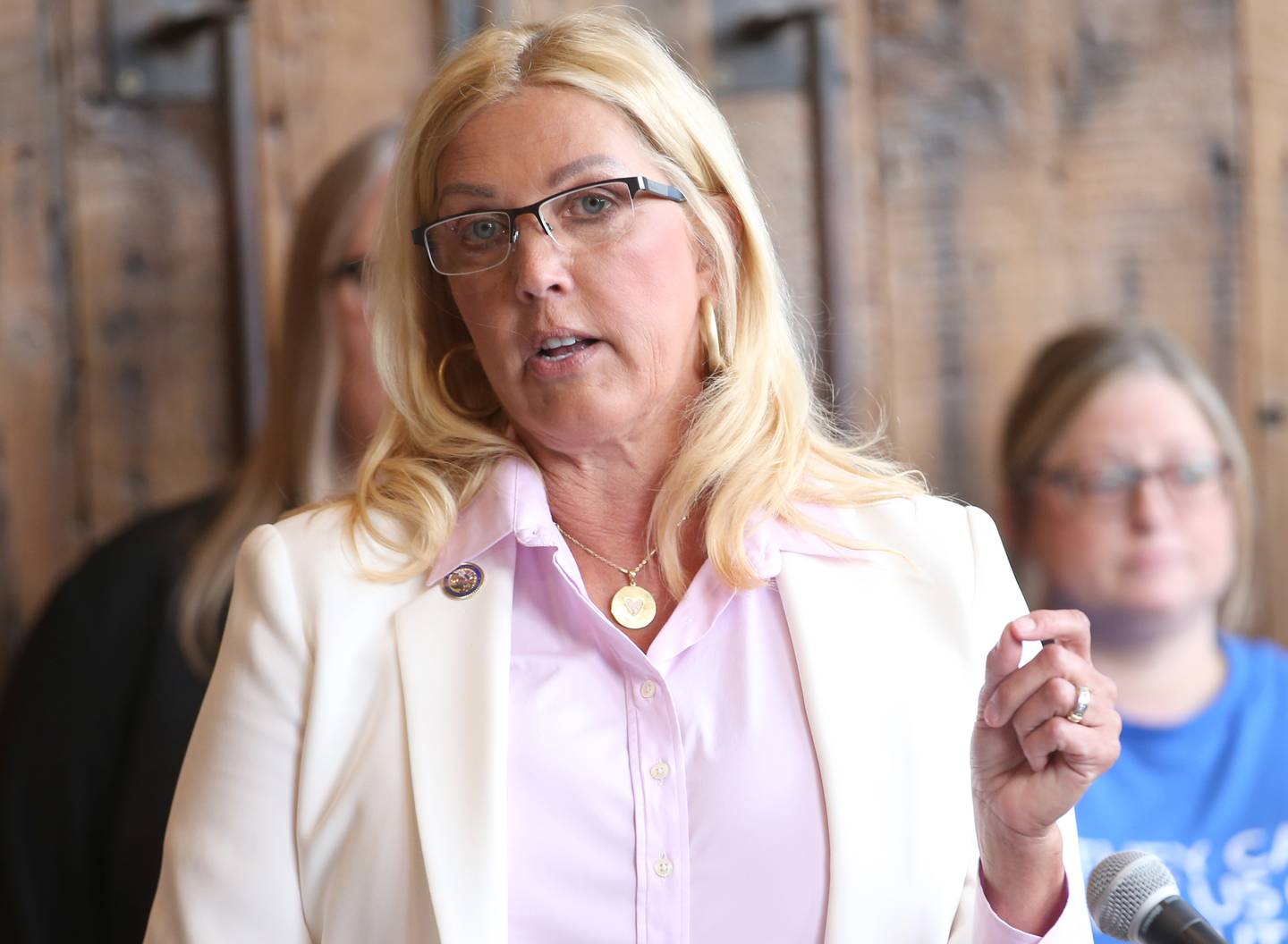 State Sen. Sue Rezin (R-Morris) addresses the media during a press conference regarding the recent closure of  St. Margaret's Health-Peru on Monday, Feb. 6, 2023 at Westclox in Peru.