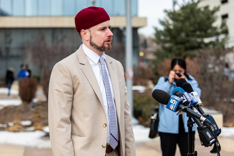 CAIR-Chicago Staff Attorney Joseph Milburn delivers remarks at the Will County Courthouse in Joliet on Feb. 24. before the first day of the trial against Joseph Czuba.
