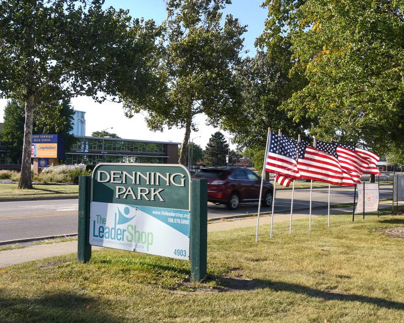 Denning park in La Grange displays American flags in front of the park on Sunday Sep. 3 2023, where 500 American flags are on displayed, known as Field of Honor, to honor veterans, active military, first responders as well as frontline workers.