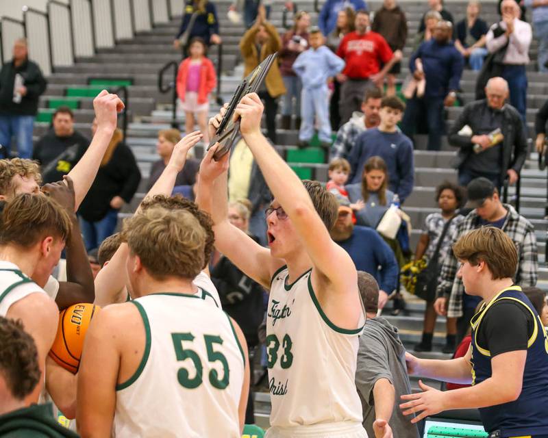 Bishop Mcnamara celebrates their win over Yorkville Christian for the Class 2A Seneca Sectional title, March 6, 2026 in Senaca.