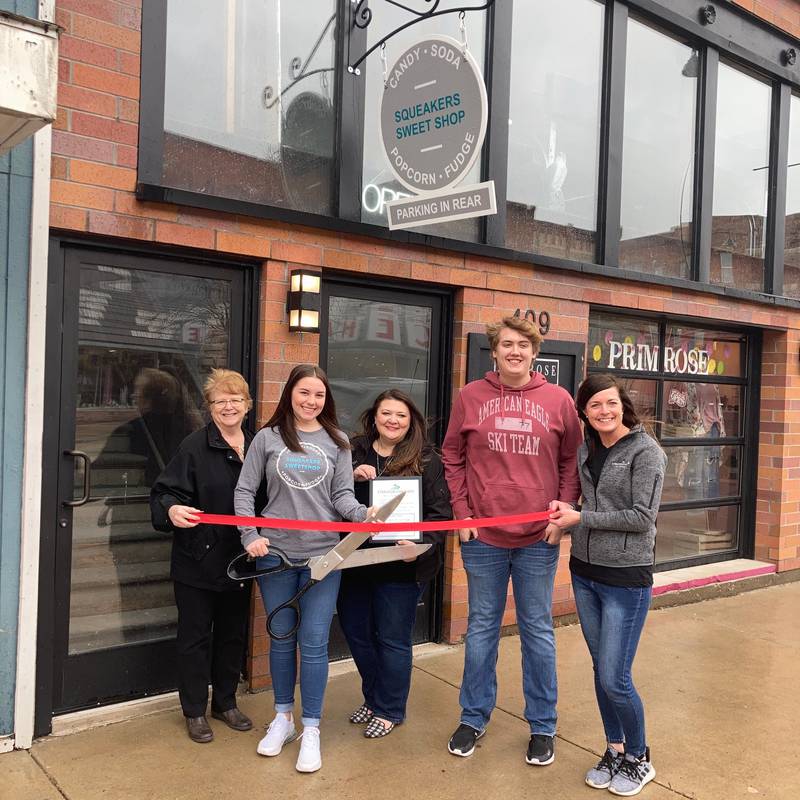 The Streator Chamber of Commerce hosted a ribbon cutting ceremony at Squeaker’s Sweet Shop, 409 E. Main St., Suite 3. Pictured are Gigi Lansford, of Chismarick Realty (Streator Chamber ambassador); Lucy Bromley, owner of Squeaker’s Sweet Shop, Mayor Tara Bedei, Aiden Yuhas, of Squeaker’s Sweet Shop and Courtney Levy, Streator Chamber executive director.