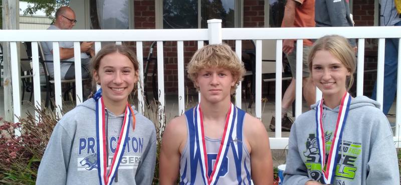 Princeton's Ruby Acker (left), Augustus Swanson and Payton Frueh receive all-conference honors in Tuesday's Three Rivers Meet at Kewanee.