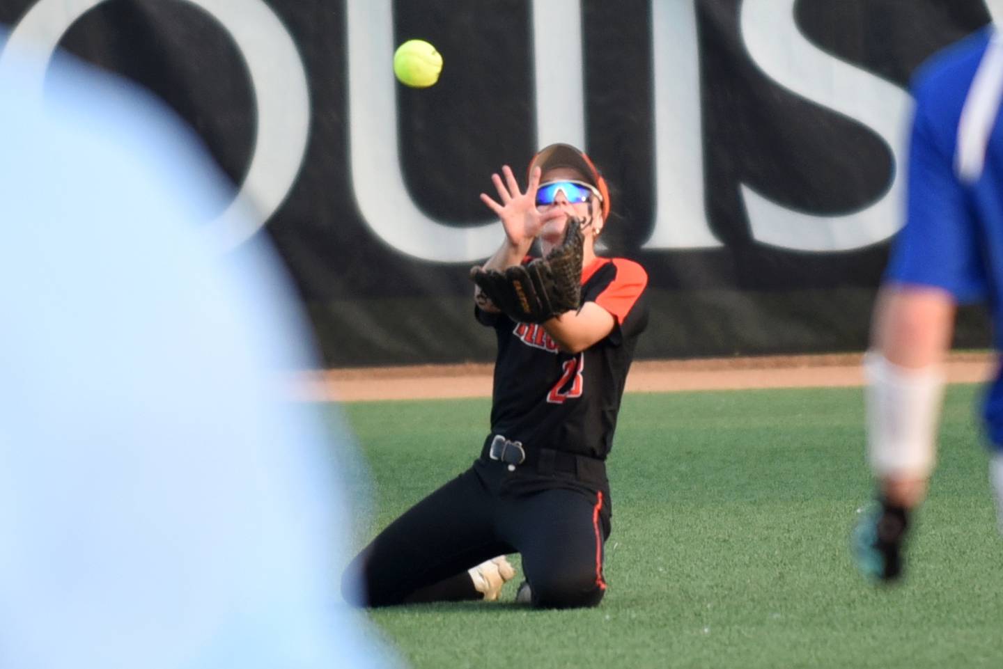Beecher's Tayiah Scanlan makes a sliding catch to record the final out of the Bobcats' 4-2 win over Auburn in the Class 2A State semifinals at the Louisville Slugger Complex in Peoria Friday, June 6, 2025.