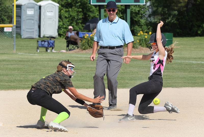 Kishwaukee Valley Storm's Isla Eidsness slides into second with a stolen base Friday, June 24, 2022, during their 12u game against the Midwest Aftershock in the 22nd annual Storm Dayz tournament at the Sycamore Community Sports Complex.
