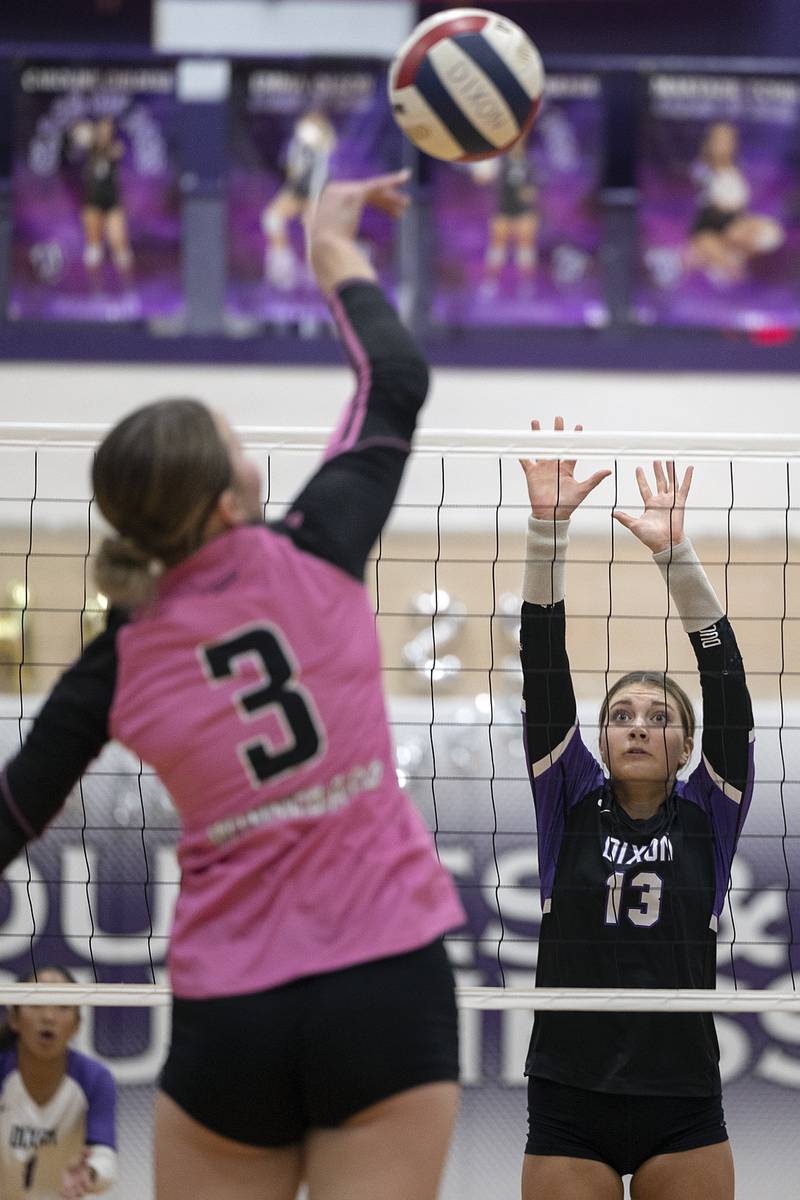 Dixon’s Solis Thompson focus’ on a shot by Winnebago’s Anna Hartmann Tuesday, Oct. 22, 2024, in Dixon.