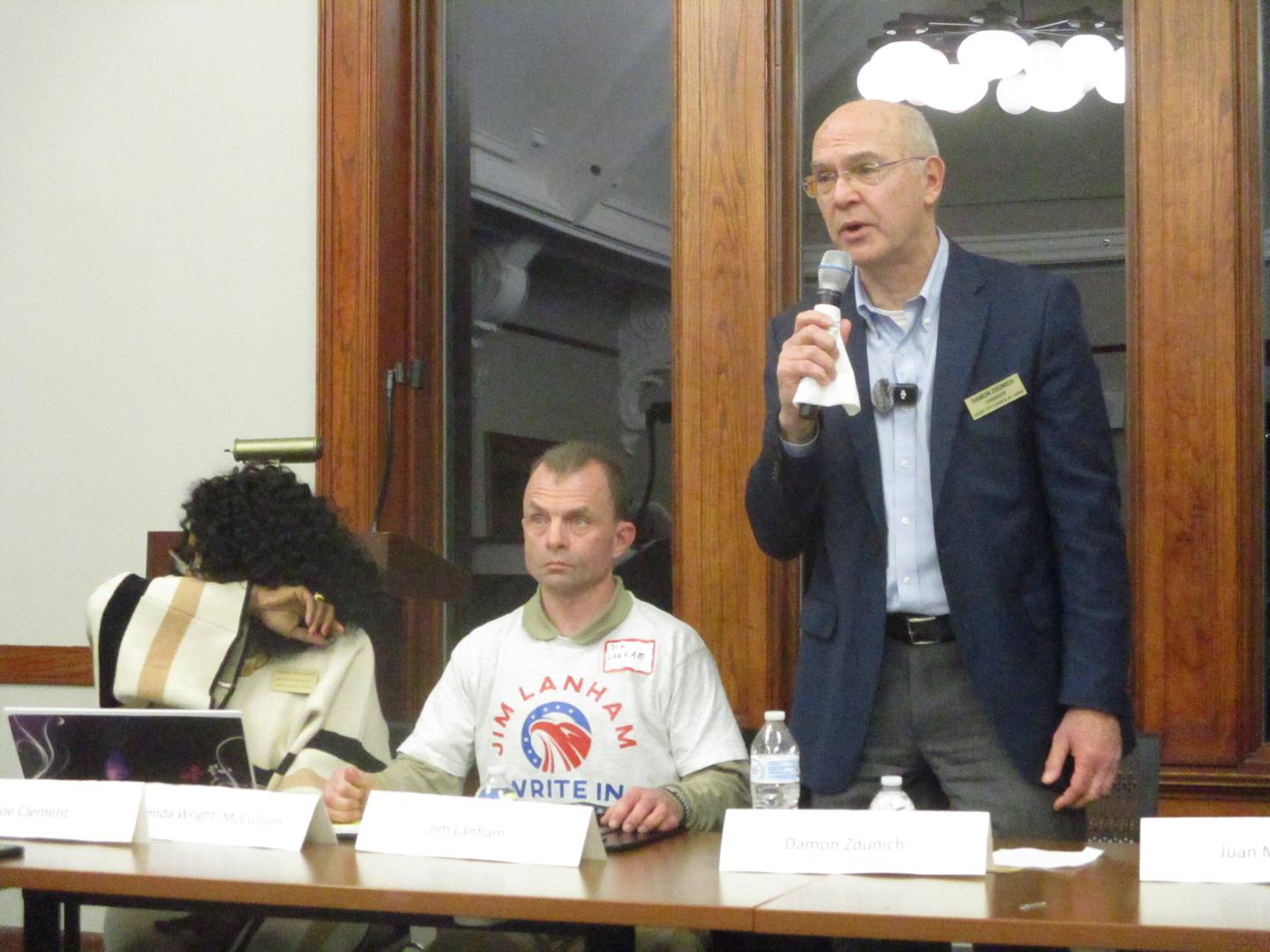 Damon Zdunich speaks during the forum for Joliet City Council candidates Thursday at the Joliet Public Library. Feb. 19, 2025