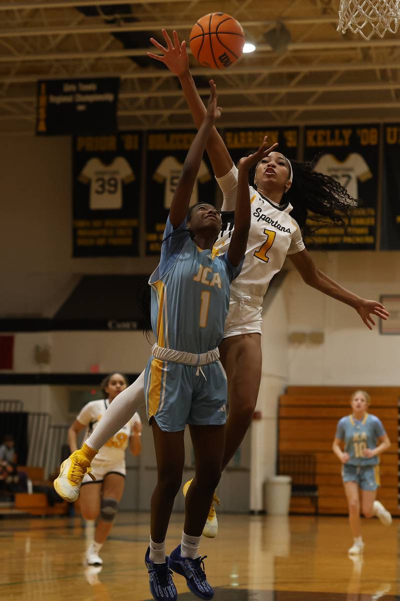 Joliet Catholic’s Makenzie Ketlz makes a shot and draws the foul against Marian Catholic on Wednesday, Jan. 14, 2026 in Chicago Heights.