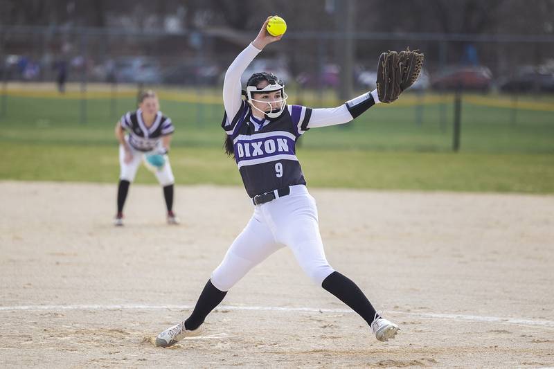Dixon’s Taylor Frost winds up for a pitch against Sterling Tuesday, March 24, 2026.