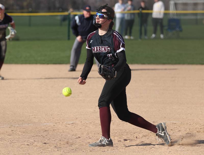 Marengo's Josephine Christiansen delivers a pitch Friday, April 11, 2025, during their game at Sycamore High School.