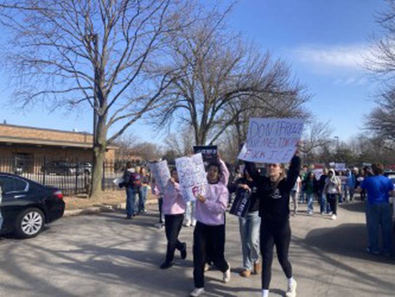 Several hundred Bolingbrook High School students march along West Briarcliff Road protesting against the actions of Immigration and Customs Enforcement activities across the country on Friday, Feb. 13, 2026.